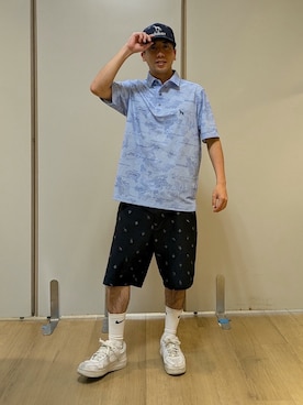 「adabat（アダバット）の【ADABAT NAVY】吸水速乾/UVカット エアロフォトリンクスプリント半袖ポロシャツ（ポロシャツ、ブルー系）」を使った、yamatai0723さん（メンズ）の夏コーディネート