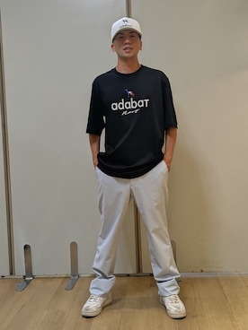 「adabat（アダバット）の【ADABAT NAVY】接触冷感/抗菌防臭/消臭 アイスクリアコットン半袖ロゴT（Tシャツ/カットソー、ブルー系）」を使った、yamatai0723さん（メンズ）の夏コーディネート