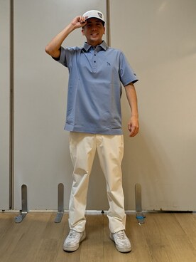 「adabat（アダバット）の【ADABAT NAVY】接触冷感/抗菌防臭/UVカット クールデオドラントジャージ 半袖ポロシャツ（ポロシャツ、ブルー系）」を使った、yamatai0723さん（メンズ）の夏コーディネート