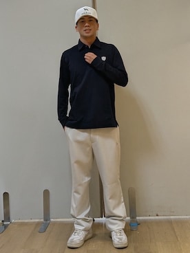 「adabat（アダバット）の【ADABAT NAVY】トゥースチェックジャカード長袖ポロシャツ（Polo、ブルー系）」を使った、yamatai0723さん（メンズ）の夏コーディネート