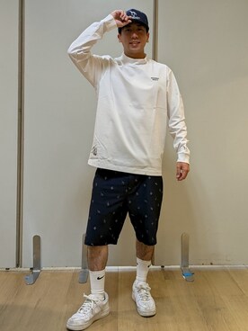 「adabat（アダバット）の【ADABAT NAVY】接触冷感/抗菌防臭/UVカット クールデオドラントジャージ長袖モックT（Tシャツ/カットソー、ホワイト系）」を使った、yamatai0723さん（メンズ）の夏コーディネート