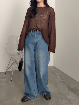 「meilmada（メイルマダ）のサイドラインストレートデニムパンツ（デニムパンツ、ブルー系）」を使った、rinaさん（レディース・160cm）の夏コーディネート