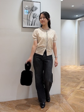 「NATURAL BEAUTY BASIC（ナチュラルビューティーベーシック）のドットシアーカーディガン（カーディガン/ボレロ、ホワイト系）」を使った、rio03nbbさん（レディース・155cm）の夏コーディネート