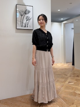 「NATURAL BEAUTY BASIC（ナチュラルビューティーベーシック）のチュール刺繍シアーカーディガン（カーディガン/ボレロ、ブラック系）」を使った、rio03nbbさん（レディース・155cm）の夏コーディネート