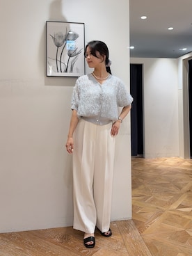 「NATURAL BEAUTY BASIC（ナチュラルビューティーベーシック）のチュール刺繍シアーカーディガン（カーディガン/ボレロ、ブルー系）」を使った、rio03nbbさん（レディース・155cm）の夏コーディネート