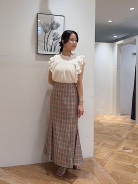 「NATURAL BEAUTY BASIC（ナチュラルビューティーベーシック）のハイネックフリルスリーブカットソー（Tシャツ/カットソー、ホワイト系）」を使った、rio03nbbさん（レディース・155cm）の夏コーディネート