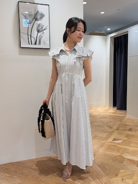「NATURAL BEAUTY BASIC（ナチュラルビューティーベーシック）の【山本里菜さんコラボ】リボンラッフルシャツワンピース（ワンピース、ホワイト系）」を使った、rio03nbbさん（レディース・155cm）の夏コーディネート