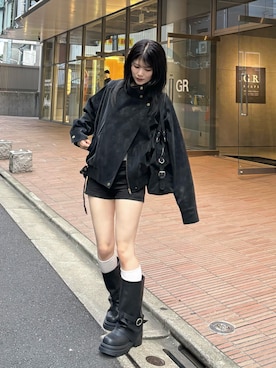 「RAY CASSIN（レイカズン）のスタンドライダースブルゾン（ブルゾン、ブラック系）」を使った、Minoriさん（レディース・160cm）の秋コーディネート