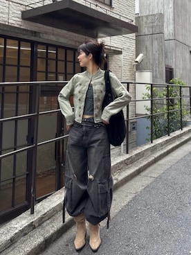 「RAY CASSIN（レイカズン）のナポレオンデニムジャケット（デニムジャケット、グリーン系）」を使った、Minoriさん（レディース・160cm）の秋コーディネート