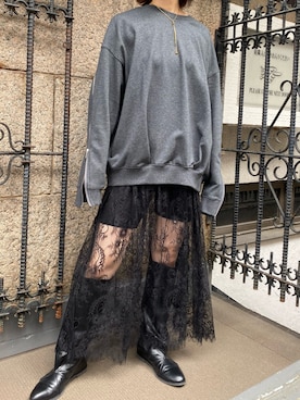 「W:Huku（フーク）のシアーレース フレア ロングスカート / Sheer Lace Flared Long Skirt（スカート、ブラック系）」を使った、WHukuさん（レディース・152cm）の秋コーディネート
