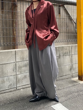 「W:Huku（フーク）のシルキーサテンオーバーシルエットシャツジャケット / Silky Satin Oversized Shirt Jacket（テーラードジャケット、ブラウン系）」を使った、WHukuさん（レディース・152cm）の秋コーディネート