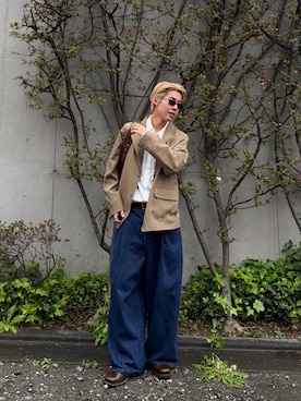 「Elanque（エランク）のwide denim pants / ワイドデニムパンツ（デニムパンツ、ブルー系）」を使った、32maaaashさん（メンズ・172cm）の春コーディネート