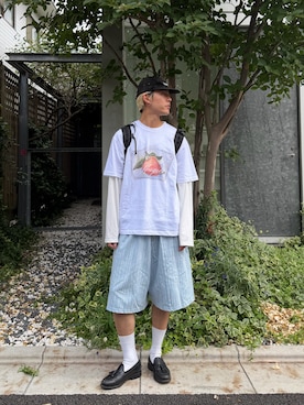 「LUIJOIEのアイテム（Tシャツ/カットソー、ホワイト系）」を使った、32maaaashさん（メンズ・172cm）の夏コーディネート
