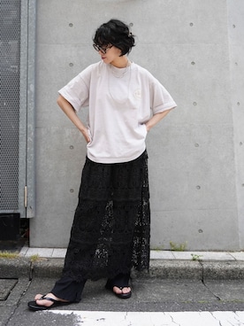 「JOURNAL STANDARD LUXE（ジャーナルスタンダード　ラックス）の《追加2》レースMIX スカート（スカート、ブラック系）」を使った、KSさん（レディース・162cm）の夏コーディネート