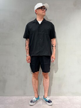 「MODE COMMUTER（モードコミューター）のShadow Stripe Woven Wide Shorts（Pants、ブラック系）」を使った、MODE COMMUTERさん（レディース・164cm）の夏コーディネート
