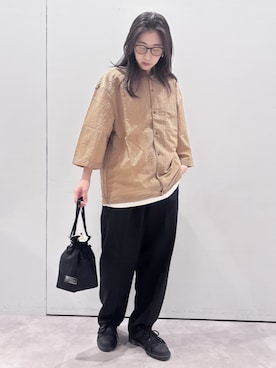 「MODE COMMUTER（モードコミューター）のShort Sleeve Woven Polo Shirt（Shirts、ベージュ系）」を使った、MODE COMMUTERさん（レディース・164cm）の夏コーディネート
