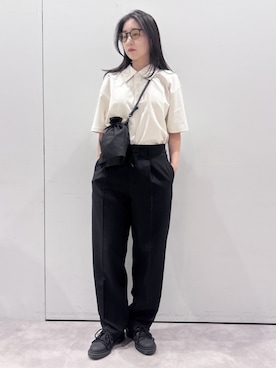 「MODE COMMUTER（モードコミューター）のShort Sleeve Woven Polo Shirt（Shirts、ベージュ系）」を使った、MODE COMMUTERさん（レディース・164cm）の夏コーディネート