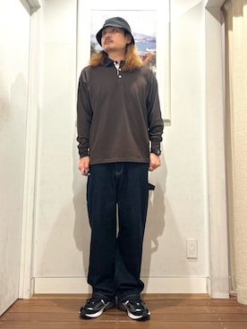 「URBAN RESEARCH Sonny Label（アーバンリサーチサニーレーベル）のラグビーカラーロングスリーブシャツ（Tシャツ/カットソー、ブラウン系）」を使った、Yuya Sasakiさん（メンズ・179cm）の秋コーディネート