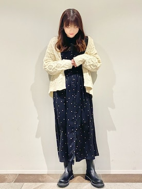 「ケーブルカーディガン」｜「アイテム（ワンピース/ドレス）」を使った、karin_mamaさん（レディース・158cm）の冬コーディネート