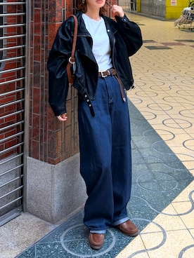 「kleeのアイテム（ライダースジャケット、ブラック系）」を使った、Kumika☆さん（レディース・158cm）の秋コーディネート