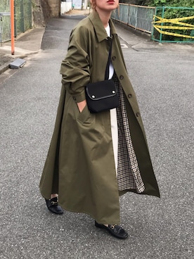 「ホワイトデニム」｜「アイテム（ステンカラーコート）」を使った、Kumika☆さん（レディース・158cm）の秋コーディネート