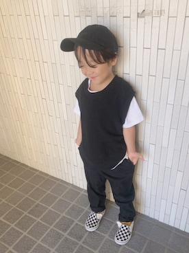 「VANS（バンズ）の【VANS】キッズ クラシック スリッポン（スリッポン、ホワイト系）」を使った、AOI     さん（キッズ・120cm）の夏コーディネート