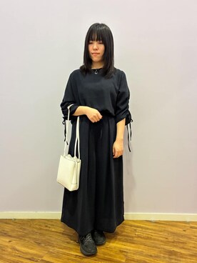 「DRESKIP（ドレスキップ）の【高レビュー/セットアップ可】お袖シャーリング 麻調ブラウス（襯衫、ブルー系）」を使った、あゆさん（レディース・149cm）の春コーディネート