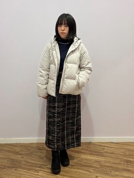 「DRESKIP（ドレスキップ）の【撥水/洗える】ショートフーディーダウン（羽絨衣/大衣、ベージュ系）」を使った、あゆさん（レディース・149cm）の冬コーディネート