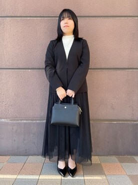 「SHOO・LA・RUE（シューラルー）の【洗える/S-3L/セットアップ可】セレモニーや通勤に カットジョーゼット Vネックジャケット（無領外套、ブラック系）」を使った、あゆさん（レディース・149cm）の冬コーディネート
