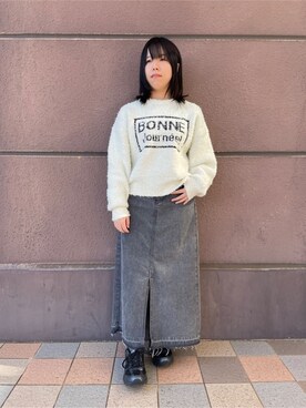「Cutie Blonde（キューティーブロンド）のゆるっと抜け感 カールヤーンロゴニット（針織衫、ホワイト系）」を使った、あゆさん（レディース・149cm）の冬コーディネート