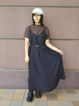 「SHOO・LA・RUE（シューラルー）のスライドビット風スムースベルト（皮帶、ブラック系）」を使った、あゆさん（レディース・149cm）の夏コーディネート