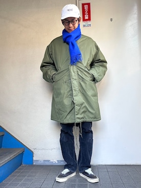「NEAT（ニート）のアイテム（帽子）」を使った、きょーへーさん（メンズ・169cm）の冬コーディネート