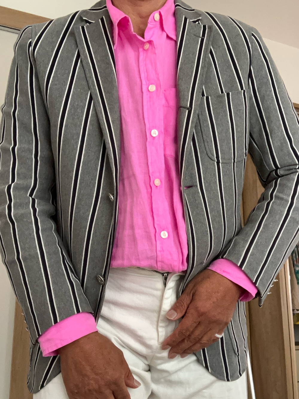 「GAPのリネン100％ オーバーサイズシャツ（シャツ/ブラウス、ピンク系）」を使った、StarksTheDunkさん（メンズ・171cm）の春コーディネートの1枚目の写真
