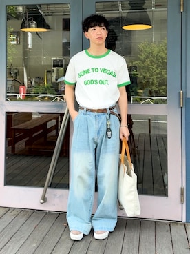 「soerte（ソエルテ）のWide Buggy Vintage Like Denim Pants / ワイドバギーヴィンテージライクデニムパンツ（デニムパンツ）」を使った、Keiさん（メンズ・177cm）の夏コーディネート