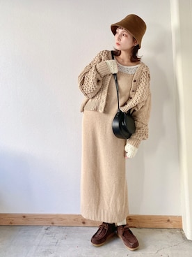 「ケーブルニット」｜「アイテム（帽子）」を使った、asukaさん（レディース・157cm）の冬コーディネート