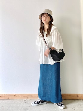 「アイテム（チュニック、ホワイト系）」を使った、asukaさん（レディース・157cm）の春コーディネート