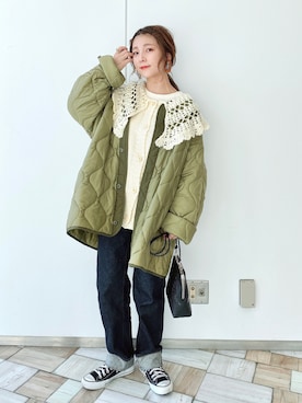 「ニットカーディガン」｜「アイテム（モッズコート）」を使った、asukaさん（レディース・157cm）の秋コーディネート