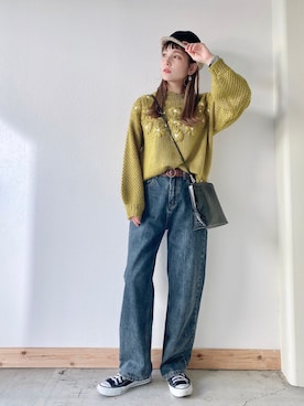 「Crisp（クリスプ）の丸バックルレザーベルト（ベルト）」を使った、asukaさん（レディース・157cm）の秋コーディネート