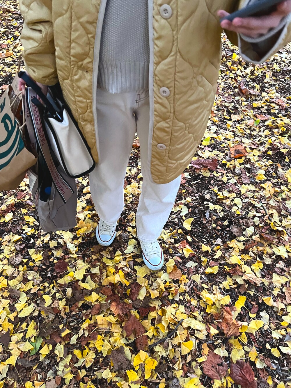 「秋コーデ、淡色コーデ、淡色女子、ピクニック」｜「CONVERSEのconverse（コンバース） ALL STAR OX（オールスターOX）（スニーカー、ホワイト系）」を使った、izumiさん（レディース・158cm）の秋コーディネートの1枚目の写真