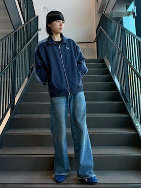 「PUMA（プーマ）のPUMA プーマ メンズ T7 ジャガード ウーブン リラックスド トラックジャケッ（ジャージ、ブルー系）」を使った、PUMAさん（レディース・160cm）の春コーディネート