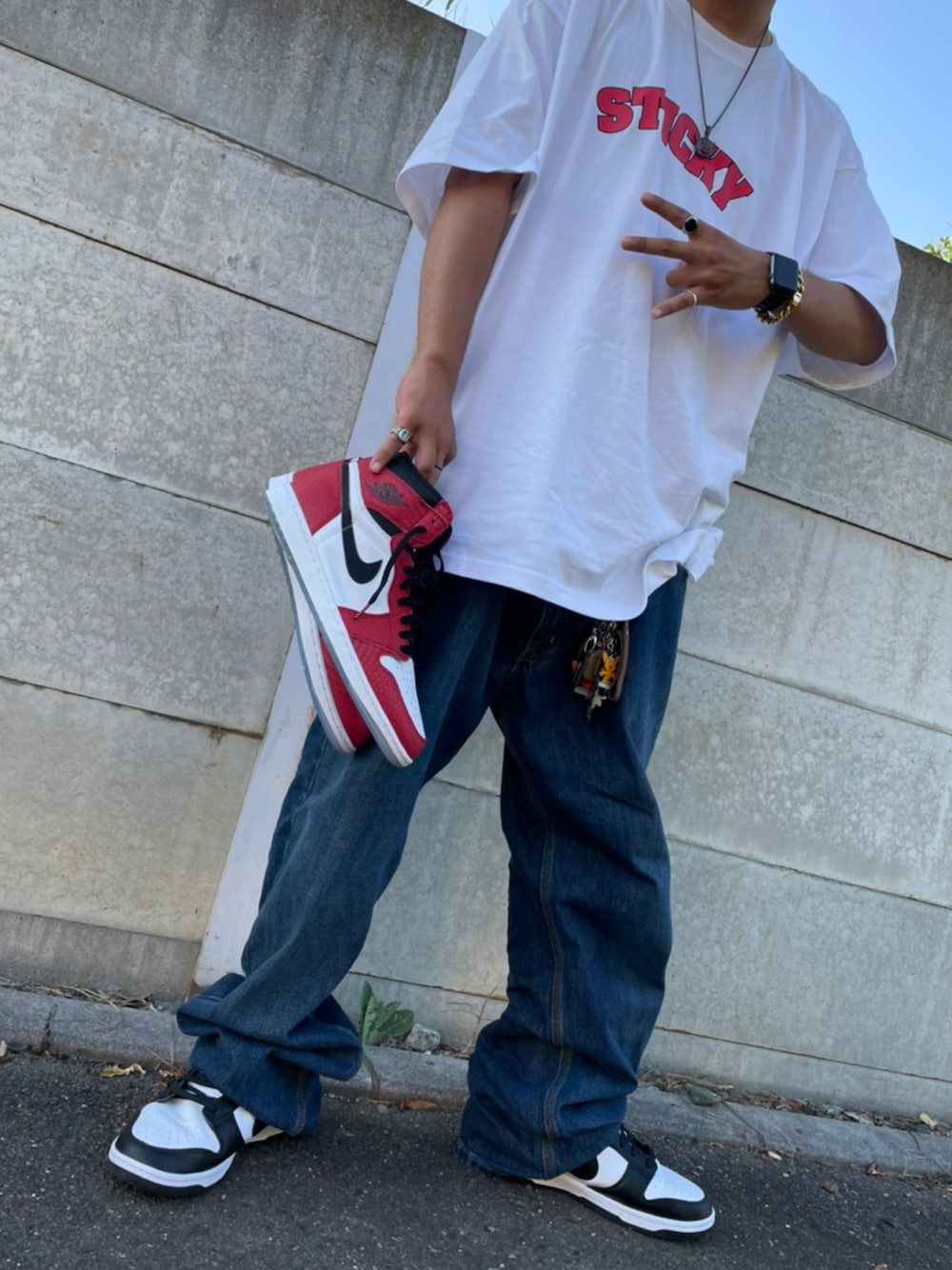 「STICKY、SCARS、オーバーサイズ、AIR JORDAN、DUNK、NIKE」｜「NIKEのDUNK LOW パンダ🐼（スニーカー、ブラック系）」を使った、238さん（メンズ・176cm）の夏コーディネートの1枚目の写真