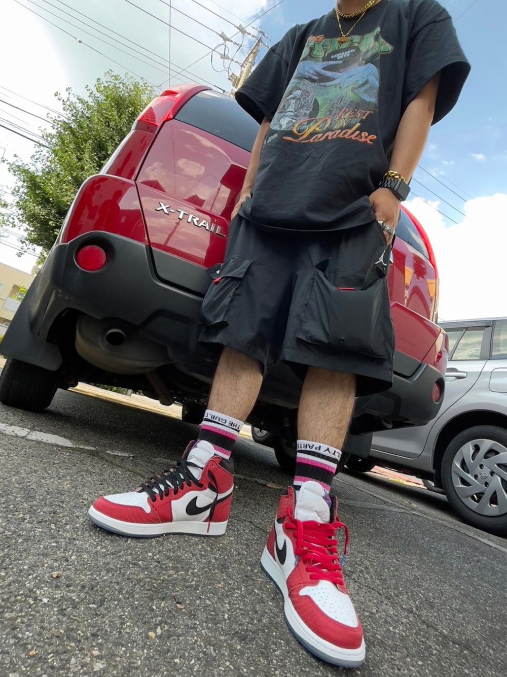 「air jordan 1、Spider-Man、Jordan、sticky」｜「NIKEのAIR JORDAN1 HIGH Spider-Man （スニーカー、レッド系）」を使った、238さん（メンズ・176cm）の夏コーディネートの1枚目の写真