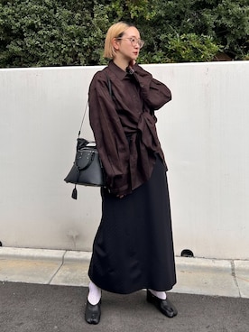 「CITYSHOP（シティーショップ）のBELT CUFFS OVER シャツ（シャツ/ブラウス、ブラウン系）」を使った、SAKURAKOさん（レディース・165cm）の夏コーディネート