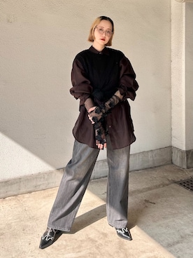 「Lee（リー）のLEE 別注 PAINTER PANTS：デニムパンツ（デニムパンツ、ブラック系）」を使った、SAKURAKOさん（レディース・165cm）の夏コーディネート