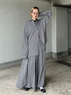 「CITYSHOP（シティーショップ）のBELT CUFFS OVER シャツ（シャツ/ブラウス、ブラック系）」を使った、SAKURAKOさん（レディース・165cm）の夏コーディネート