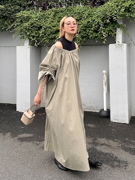 「CITYSHOP（シティーショップ）のGATHER SLEEVE DRESS：ワンピース（ワンピース、ベージュ系）」を使った、SAKURAKOさん（レディース・165cm）の夏コーディネート