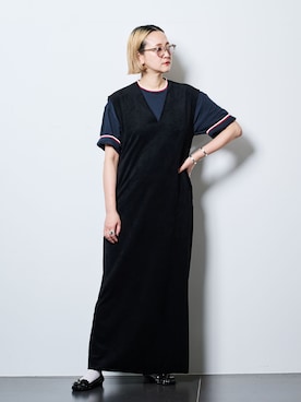 「CITYSHOP（シティーショップ）のFAUX SUEDE I-LINE DRESS：ワンピース（ワンピース、ブラック系）」を使った、SAKURAKOさん（レディース・165cm）の夏コーディネート