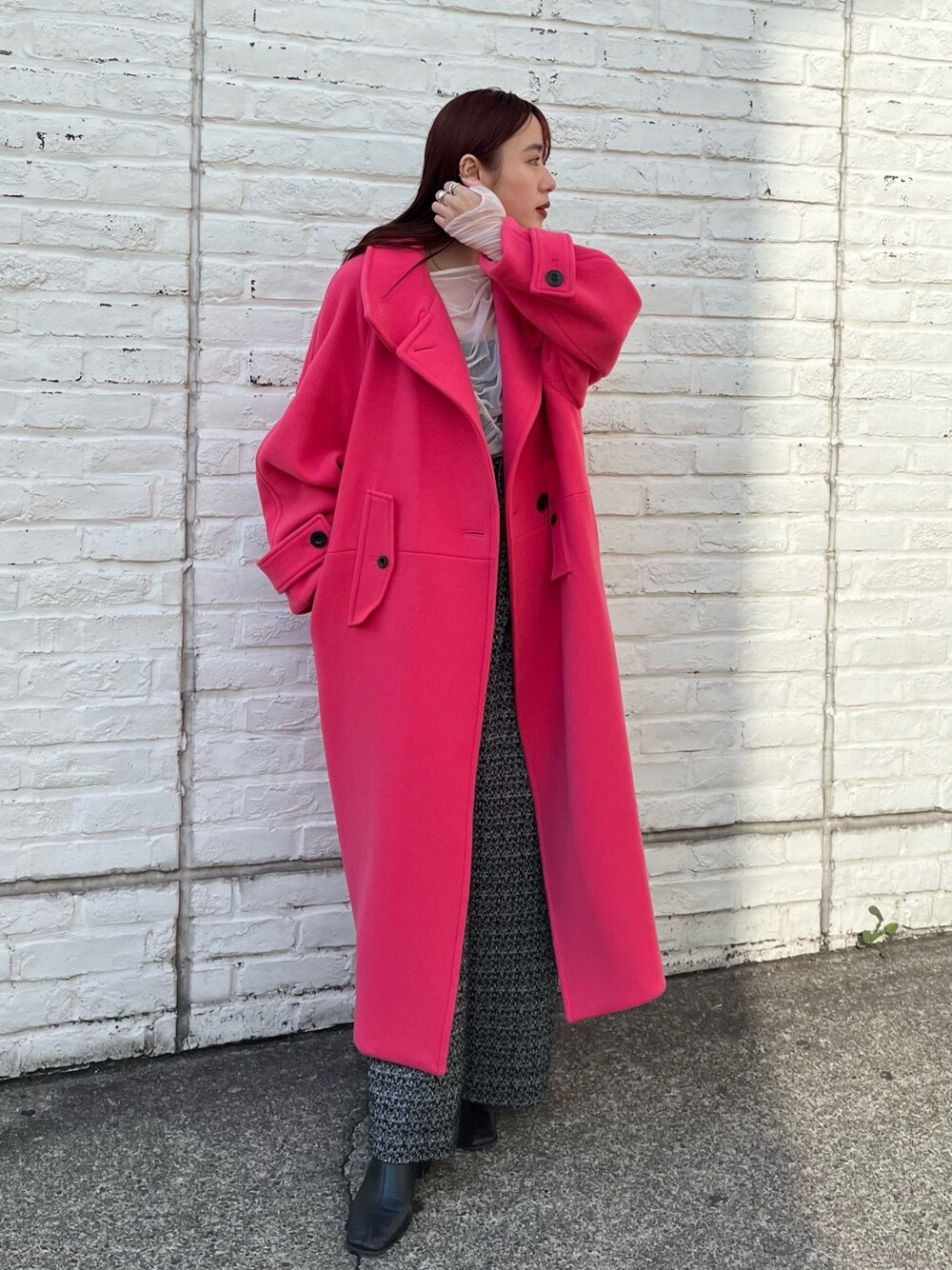 「PUBLIC TOKYOの【3WAY】ウールベロアスタンドカラーコート（ステンカラーコート、ピンク系）」を使った、yukisugasawaさん（レディース・155cm）の冬コーディネートの1枚目の写真
