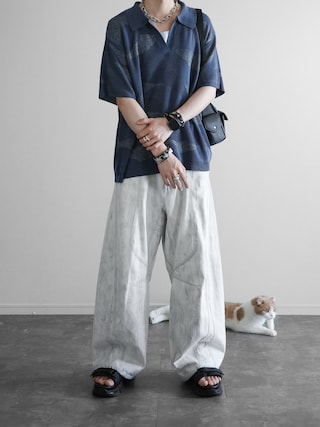 「KUUUPY(クーピー)のNuance Lame Skipper Knit Polo - ニュアンス ラメ スキッパーニットポロ(ポロシャツ)」を使った、ぴたんさん(メンズ・173cm)の夏コーディネート