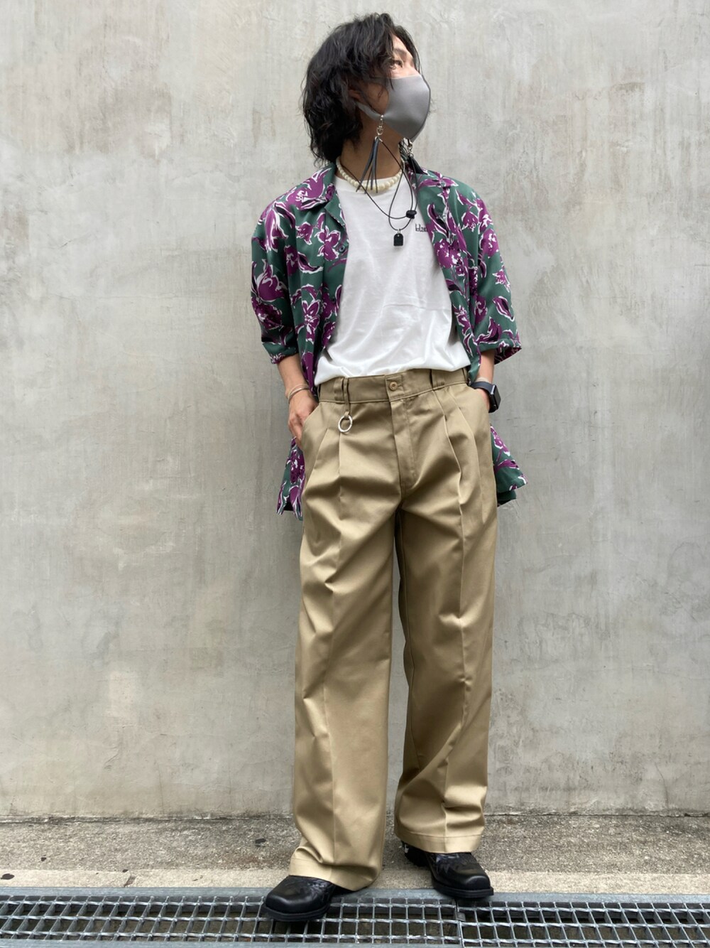 「ビッグシルエット、柄シャツ、LHP、ワイドパンツ、大人コーデ、シャツスタイル、春夏コーデ、夏コーデ、カジュアルコーデ、LHP大阪」｜「blackmeansのアイテム（Tシャツ/カットソー、ホワイト系）」を使った、RIKIKYAさん（メンズ・168cm）の夏コーディネートの1枚目の写真
